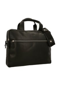 Portfolio in pelle nera con due manici, una tracolla rimovibile, una tasca frontale con zip e una texture liscia. Presenta dettagli in metallo argentato.