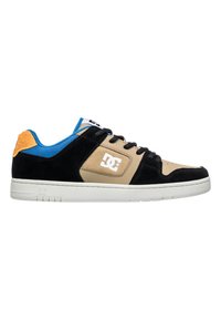 Black, tan, and blue sneaker with a suede and leather upper. Features white logo, black laces, and a textured orange heel accent. Rubber sole.