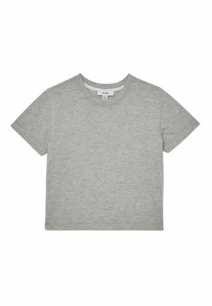 Harmaa puuvillapaita, jossa on pyöreä kaula-aukko ja lyhyet hihat, sileä pinta ja normaali istuvuus. Ei kuvioita tai koristeita.