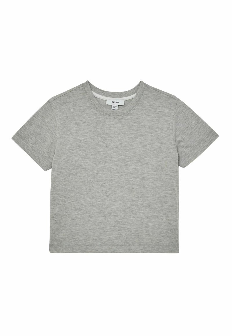 Graues Baumwoll-T-Shirt mit Rundhalsausschnitt und kurzen Ärmeln, mit glatter Textur und normaler Passform. Keine Muster oder Akzente.