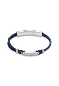 Bracelet en cuir tressé bleu marine avec un fermoir en métal argenté portant le logo "POLICE" gravé et des accents texturés.
