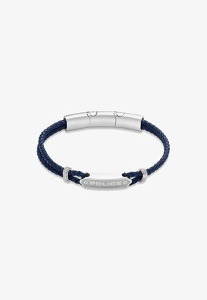 Navy braided leather bracelet featuring a silver-tone metal clasp with engraved "POLICE" logo and textured accents.