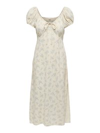 Krēmkrāsas midi kleita ar pūkainām piedurknēm, mazu violeta ziedu rakstu, savākts krūšu daļa un priekšējā mezgls detaļa.