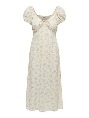 Kreemikas midi-kleit puffvarrukatega, väikese lillakate lillemustriga, kogutud rinnaosaga ja esiküljel lipsus detailiga.