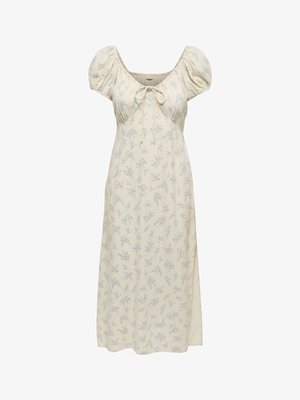 Kremna midi obleka z napihnjenimi rokavi, drobni vijolični cvetlični vzorec, nabranim dekoltejem in sprednjim trakom za vezanje.