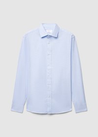 Hellblaues langärmeliges Hemd aus Baumwolle mit klassischem Kragen, Knopfleiste vorne und dezentem Karomuster.