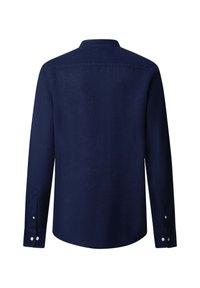 Chemise pour homme à manches longues bleu marine, dos uni, poignets boutonnés, col classique, tissu lisse.