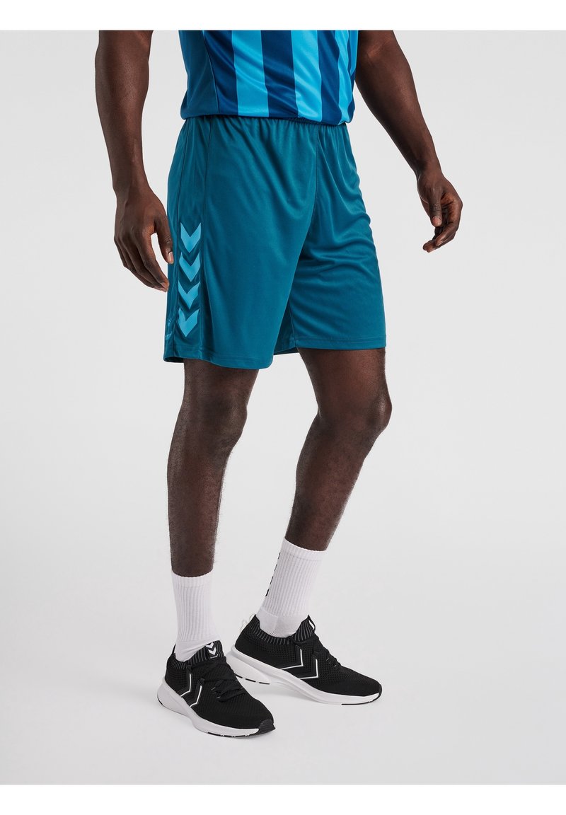 Homme portant un short de sport bleu avec motif chevron, des chaussettes blanches, des baskets noires et un maillot de sport bleu rayé, les mains détendues le long du corps.