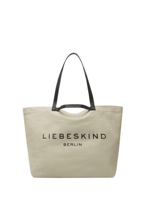 Beżowa torba na ramię z płótna z czarnym logo "Liebeskind Berlin", wyposażona w dwa czarne uchwyty, jeden długi i jeden krótki.