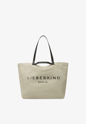 Beżowa torba na ramię z płótna z czarnym logo "Liebeskind Berlin", wyposażona w dwa czarne uchwyty, jeden długi i jeden krótki.