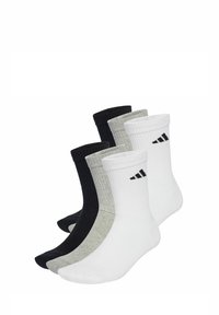 Četiri para sportskih čarapa u crnoj, sivoj i bijeloj boji; rebrasta tekstura; svaki par ima Adidas logo sa strane.