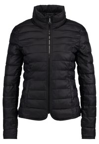 Black padded jacket with a high collar, zip closure, and horizontal quilted pattern. Smooth, lightweight fabric with long sleeves.
