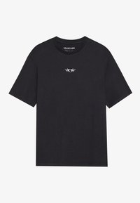 Schwarzes Baumwoll-T-Shirt mit kurzen Ärmeln, das ein kleines weißes Grafikdesign auf der Brust und einen klassischen Rundhalsausschnitt aufweist.