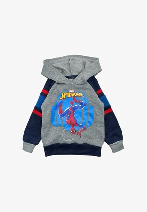 Hoodie gris avec des accents bleus et rouges. Présente un graphique de Spider-Man sur le devant, fabriqué en matière douce, avec une capuche confortable à cordon.