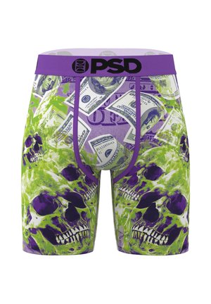 Herren-Boxershorts mit elastischem Bund in Lila, versehen mit grünen und lila Totenköpfen sowie verstreuten Einhundert-Dollar-Schein-Motiven auf hellviolettem Hintergrund.