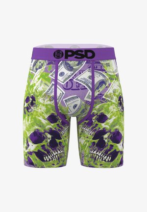 Boxer da uomo con vita viola, decorati con teschi verdi e viola e motivi di banconote da cento dollari sparse su uno sfondo viola chiaro.
