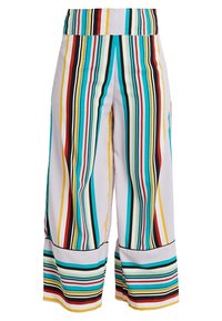 Wide-leg cropped pants in white fabric featuring vertical stripes in teal, red, yellow, and black. Smooth texture with elastic waistband.