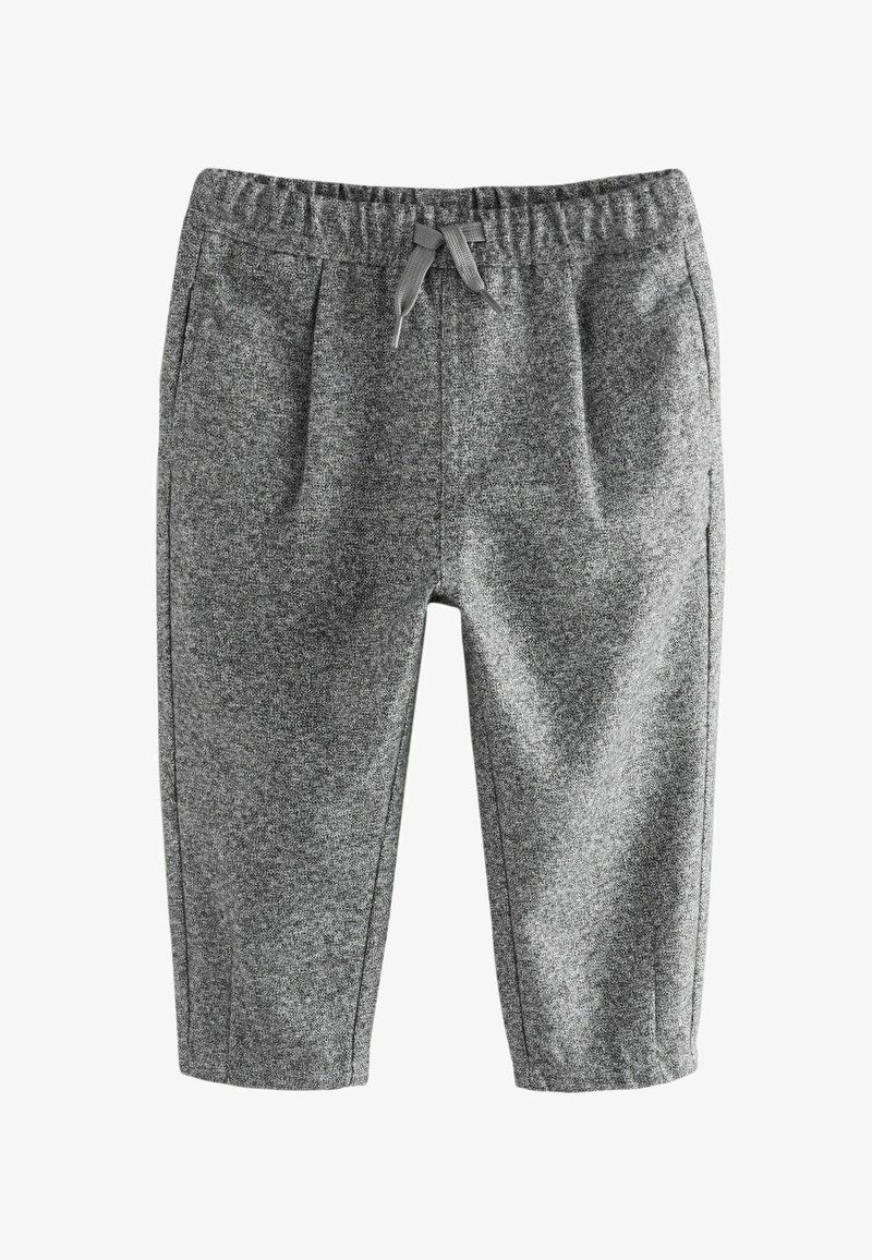 Pantalons tricotés gris pour tout-petits avec taille élastique et lien à l'avant, dotés de poches latérales et d'un tissu doux et texturé.