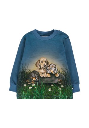 Felpa blu a maniche lunghe con una grafica di tre cuccioli su uno sfondo erboso, con dettagliati motivi di pelliccia e una texture morbida.