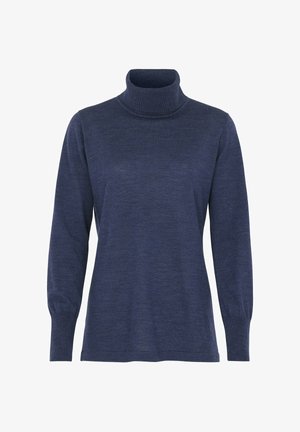 Mörkblå polotröja gjord av mjukt material, med långa ärmar och ribbade mudd. Slät textur med en figurnära silhuett.