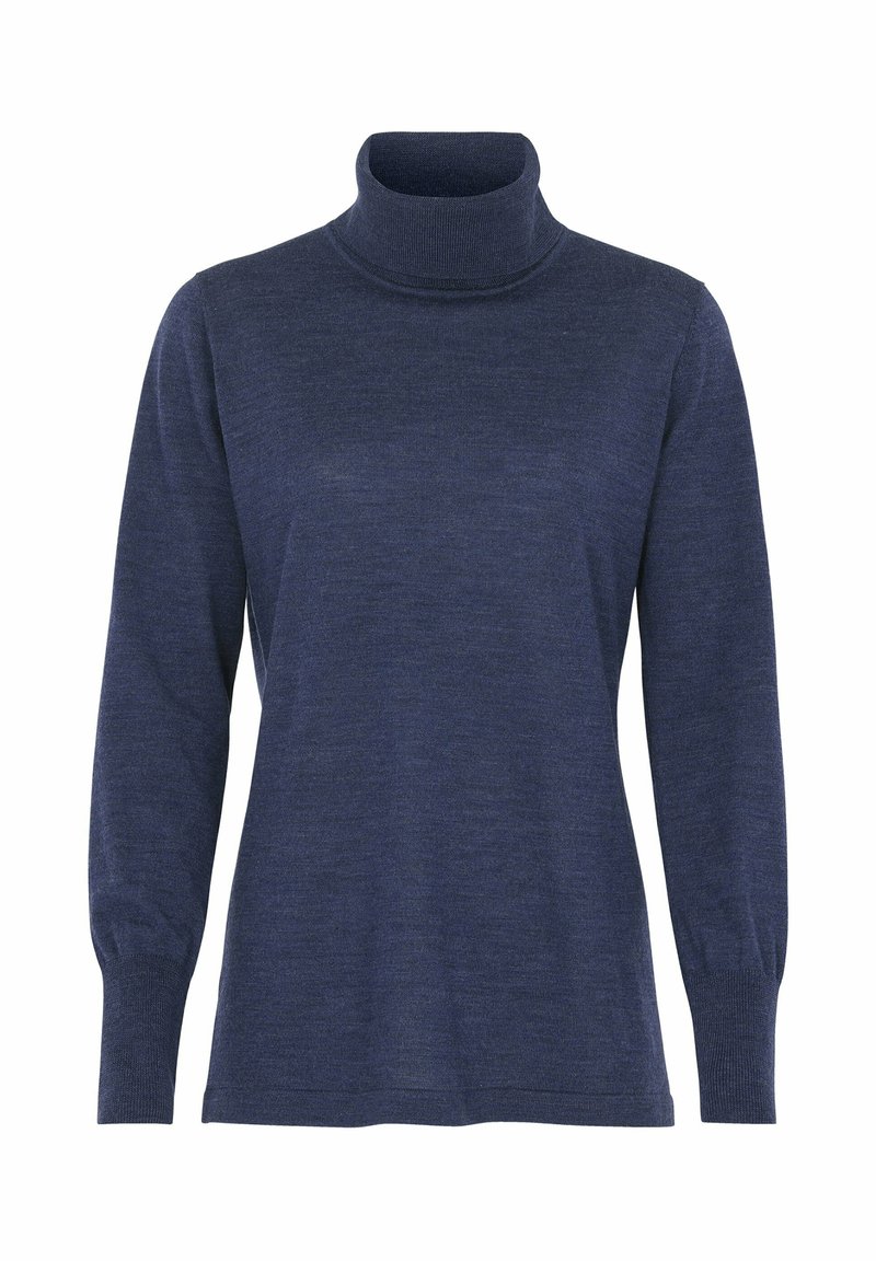 Mörkblå polotröja gjord av mjukt material, med långa ärmar och ribbade mudd. Slät textur med en figurnära silhuett.