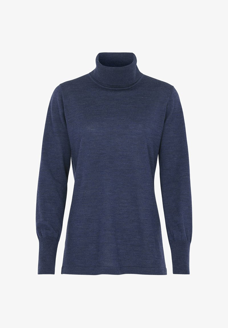 Dunkelblauer Rollkragenpullover aus weichem Material, mit langen Ärmeln und gerippten Bündchen. Glatte Textur mit taillierter Silhouette.