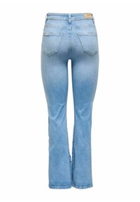 Šviesiai mėlynos pločio džinsinės kelnės, pagamintos iš džinsinio audinio, su vidutinio aukščio juosmeniu, penkiomis kišenėmis ir užtrauktuko uždarymu. Minkšta tekstūra su švelniu blukimu.