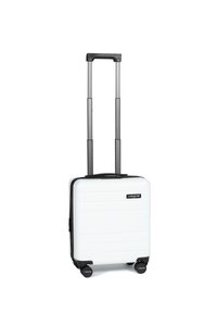 Valigia rigida bianca con dettagli neri, manico estensibile e quattro ruote. Presenta un design minimalista con righe orizzontali.