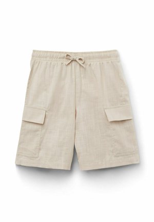 Short beige décontracté avec taille élastique et cordon, avec des poches latérales à rabat et un motif texturé subtil.