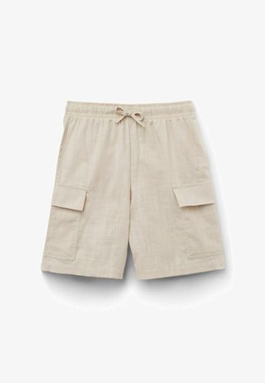 Beige Freizeithosen mit elastischem Bund und Kordelzug, mit seitlichen Klappentaschen und einem dezenten strukturierten Muster.