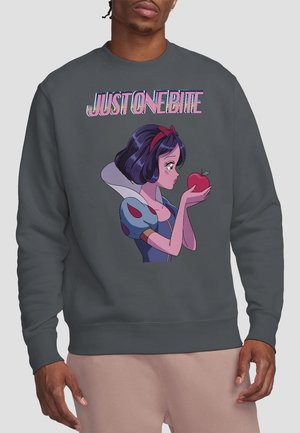 Dark gray sweatshirt featuring a graphic of a character holding a red apple, text reads "JUST ONE BITE," designed with vibrant colors.