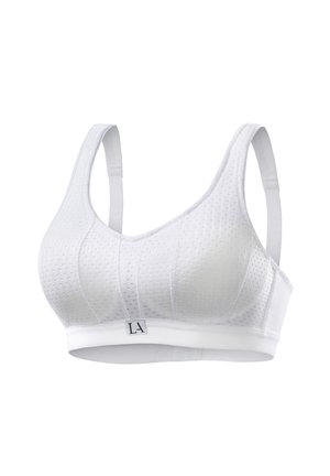 Bra sportivo bianco con superficie testurizzata, caratterizzato da spalline larghe, un sottofascia di supporto e un piccolo logo dettagliato sul davanti.