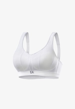 Witte sportbh met een gestructureerd oppervlak, voorzien van brede bandjes, een ondersteunende onderband en een klein logo-detail aan de voorkant.