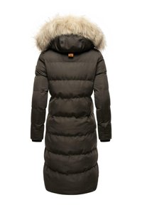 Dark green puffer coat with a detachable fur-lined hood, long sleeves, and horizontal quilted pattern; features a branded leather accent on the back.