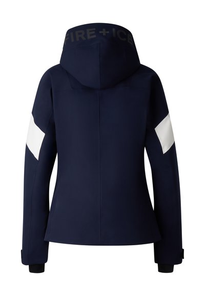 Granatowa kurtka z kapturem z białymi paskami na rękawach, wykonana z gładkiego materiału. Posiada logo przy dekolcie oraz dopasowane mankiety.