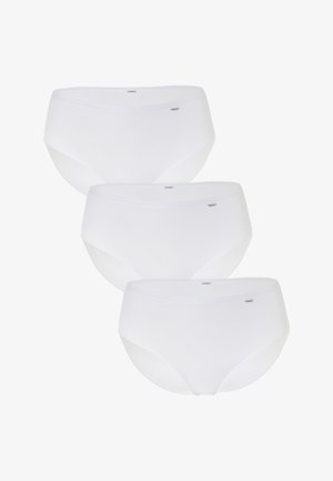 Tre slip bianchi da donna realizzati in tessuto morbido. Presentano un taglio classico con elastico in vita e un piccolo logo del marchio sul davanti.