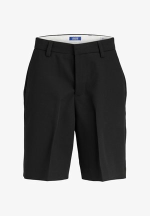 Shorts noirs sur mesure jusqu'aux genoux avec passants de ceinture, poches latérales et fermeture éclair à l'avant.