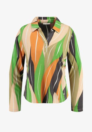 Overhemd met lange mouwen en kraag, met knopen, voorzien van een gedurfd abstract bladpatroon in groene, oranje, beige, zwarte en witte tinten.