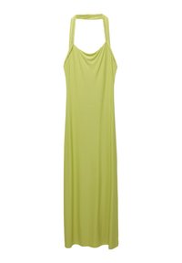 Robe longue sans manches en tissu vert clair avec un col drapé et un design à nouer derrière le cou. Texture lisse, longueur cheville, sans motifs ni accents.