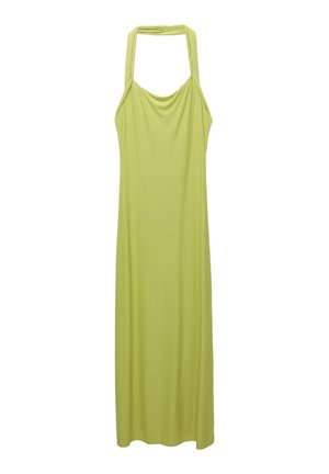 Long, sleeveless dress in light green fabric with a draped neckline and a halter tie design. Smooth texture, ankle-length, no patterns or accents.