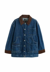 Veste en denim avec col et poignets en velours côtelé marron, fermeture à boutons sur le devant, et quatre grandes poches plaquées, présentée sur fond blanc.