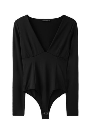 Stradivarius, V-NECK BODYSUIT WITH UNDER-BUST GATHERING - Maglietta a manica lunga - black