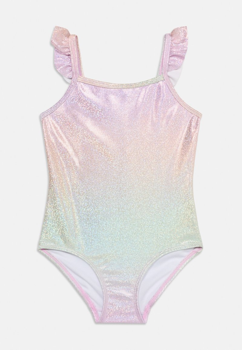 Ολόσωμο μαγιό χωρίς μανίκια για κορίτσια με ιριδίζουσα διαβάθμιση από ροζ σε ανοιχτό μπλε και βολάν στους ιμάντες στους ώμους.