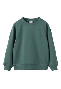 Vihreä puuvillapaita, jossa on pyöreä pääntie, raglan-hihat ja ribatut hihansuut sekä helma. Suora rakenne ilman kuvioita tai metalliosia.