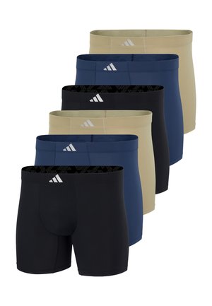 Sechs Paar Herren-Boxershorts in wechselndem Schwarz, Marineblau und Beige, jeweils mit einem kleinen weißen Adidas-Logo am Bund.