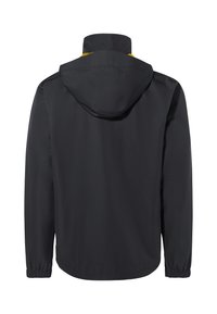 Veste noire avec capuche, poignets élastiques et design minimaliste. Dispose d'un accent jaune contrastant au niveau du cou. Tissu léger.