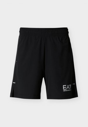 Svarta sportshorts i lättviktstyg, med elastisk midja och små reflexdetaljer på sidorna. EA7-logotyp visas.