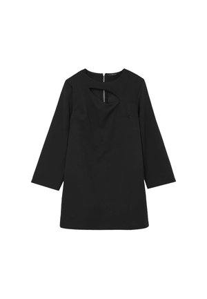 Schwarzes Kleid mit Dreiviertelärmeln, Rundhalsausschnitt und einer Aussparung auf der Brust. Glatte Textur und schlichtes Design ohne Muster.
