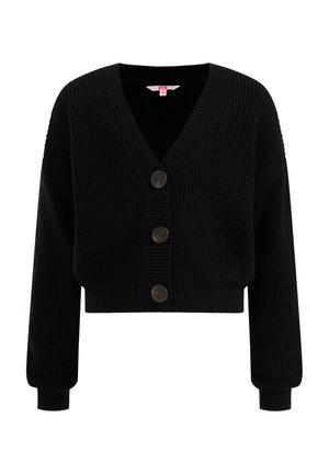 Schwarzer gerippter Strick-Crop-Cardigan mit V-Ausschnitt, langen Ärmeln, gerippten Bündchen, Saum und drei großen schwarzen Knöpfen vorne.