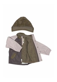 Veste résistante à l'eau en rose, mauve et marron avec une doublure intérieure douce. Comprend une capuche marron assortie avec une texture lisse et des bords élastiques.